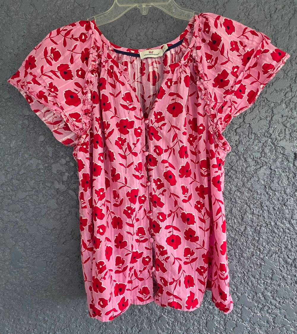 Vineyard Vines Women Lg Pink Red Floral Flutter Sleeve Button Front Blouse Top